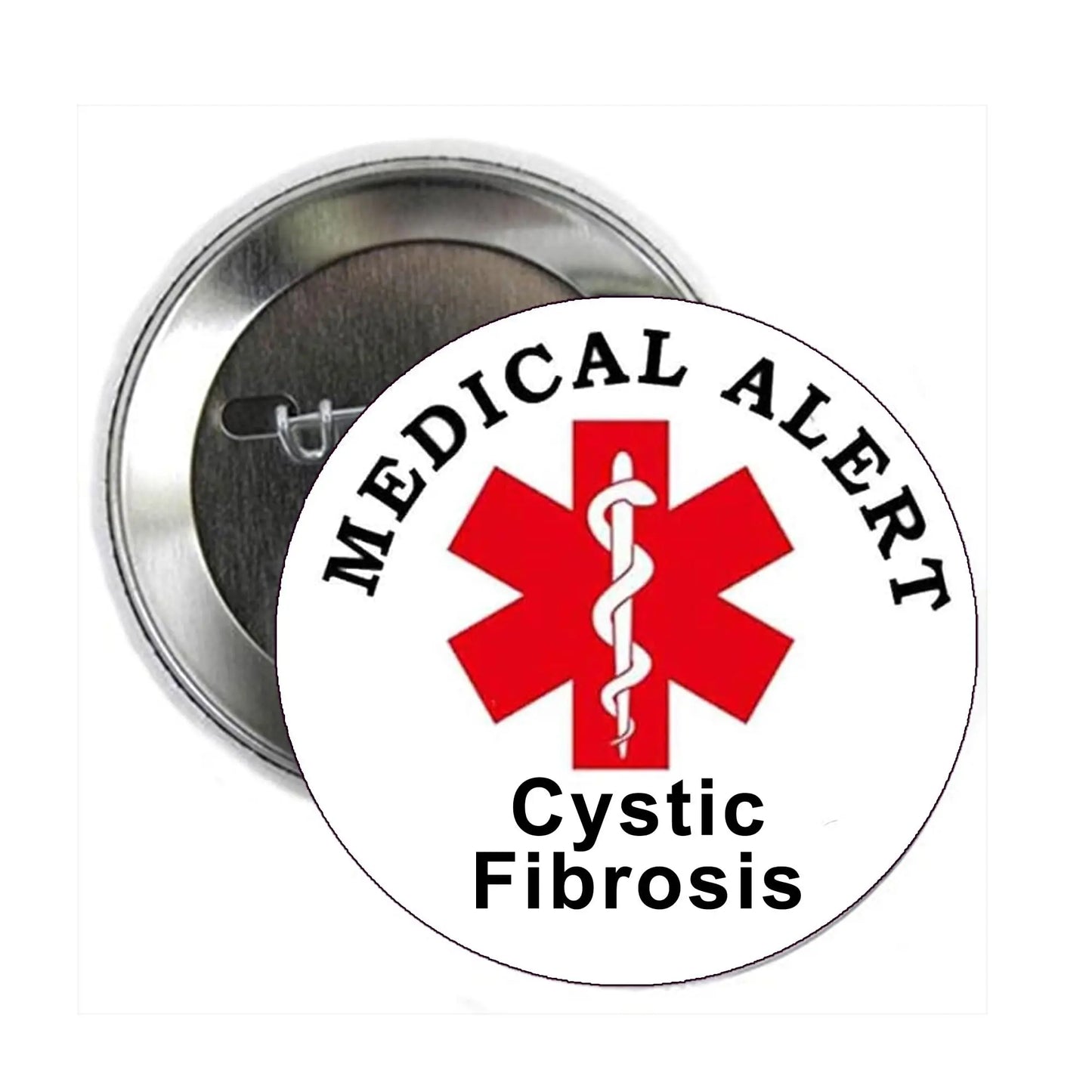 Medical alert pinback button with red medical cross and 'Cystic Fibrosis' text