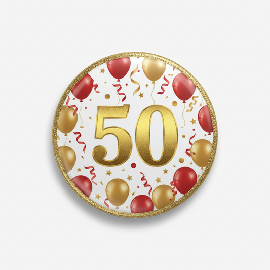 Round 2.25-inch red and gold 50th birthday balloons pinback badge