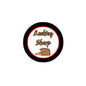 Round black pinback button badge with red center, cartoon porcupine and 'Looking Sharp' text