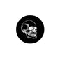 Black 2.25-inch pinback button with human skull illustration