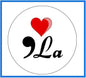 Round pinback button with red heart graphic and black 'La' text