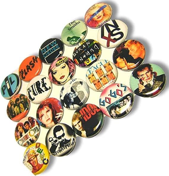 Lot de 20 broches de chanteurs de punk rock des années 1980, différents groupes de chanteurs de punk rock des années 1980, badges de 3,1 cm