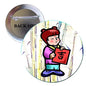 Round pinback button brooch with cartoon girl holding red card, colorful illustration