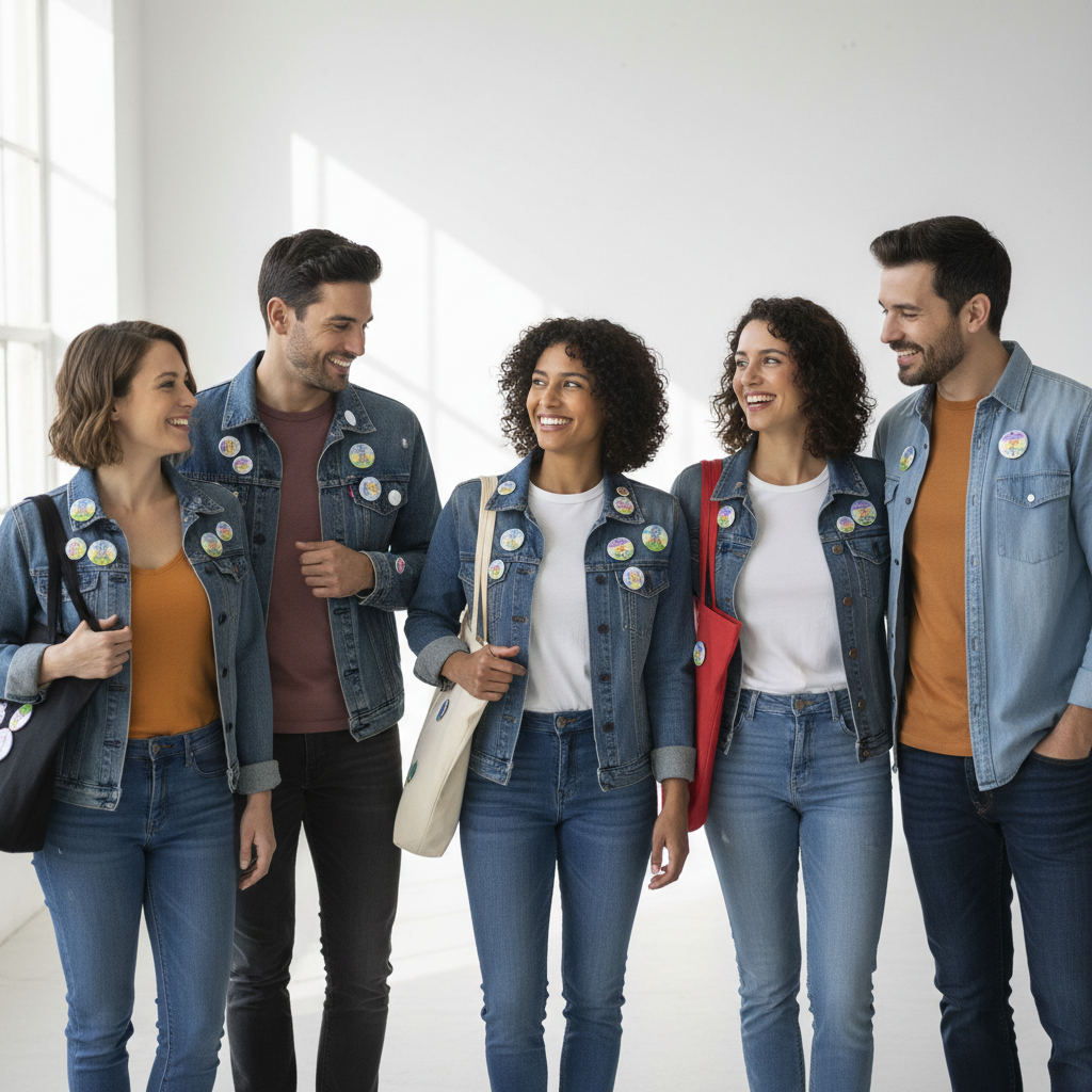 Circular lapel pins attached to blue denim jackets worn by a group of people