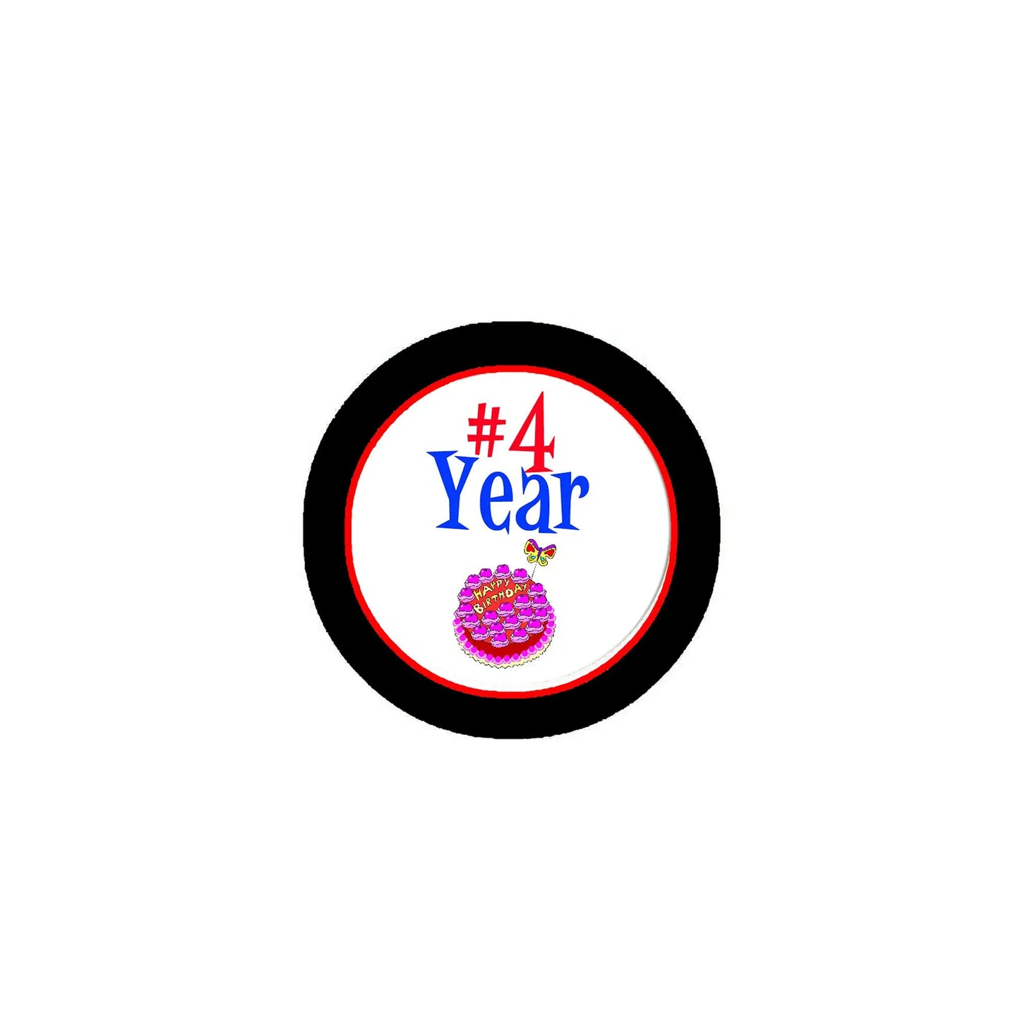 4-year birthday pinback badge, circular black rim with '#4 Year' and purple cupcake