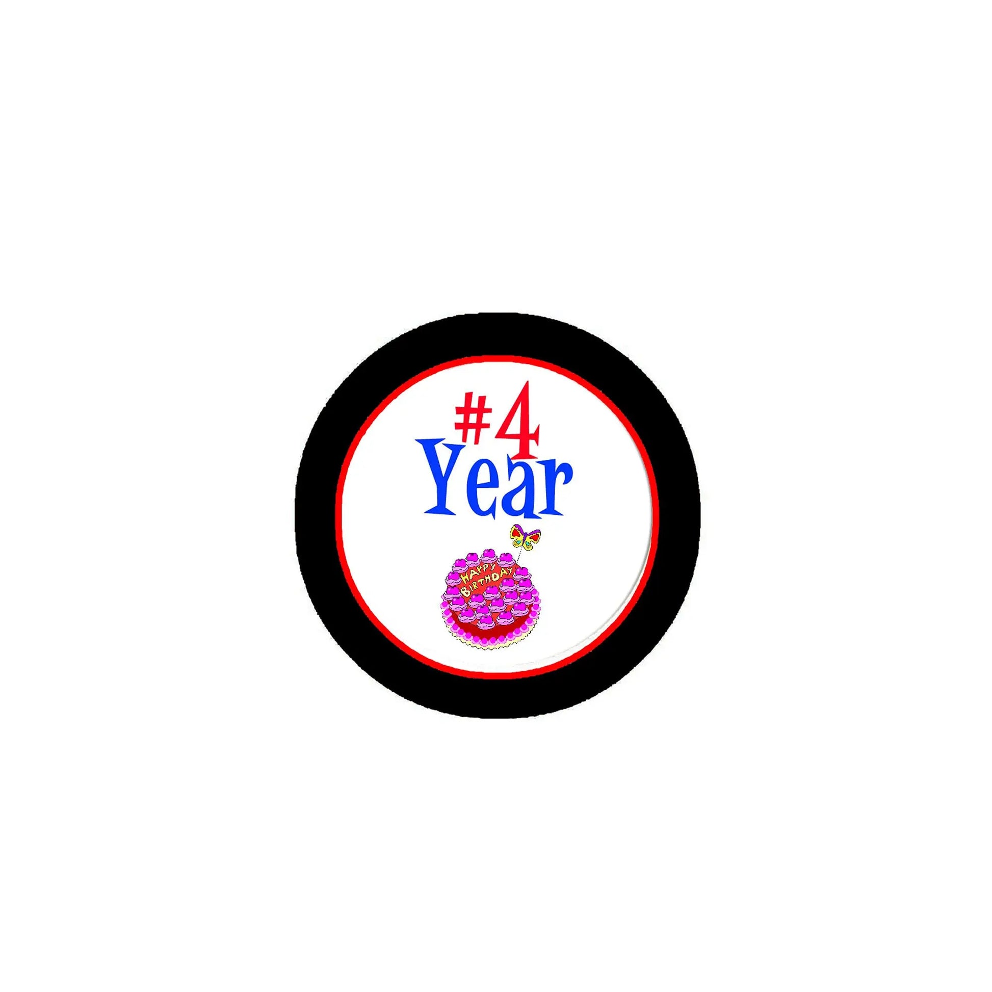 4-year birthday pinback badge, circular black rim with '#4 Year' and purple cupcake