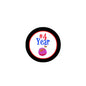 4-year birthday pinback badge, circular black rim with '#4 Year' and purple cupcake
