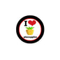 Pinback button with black rim, red heart, and pineapple graphic with “I love pineapples”