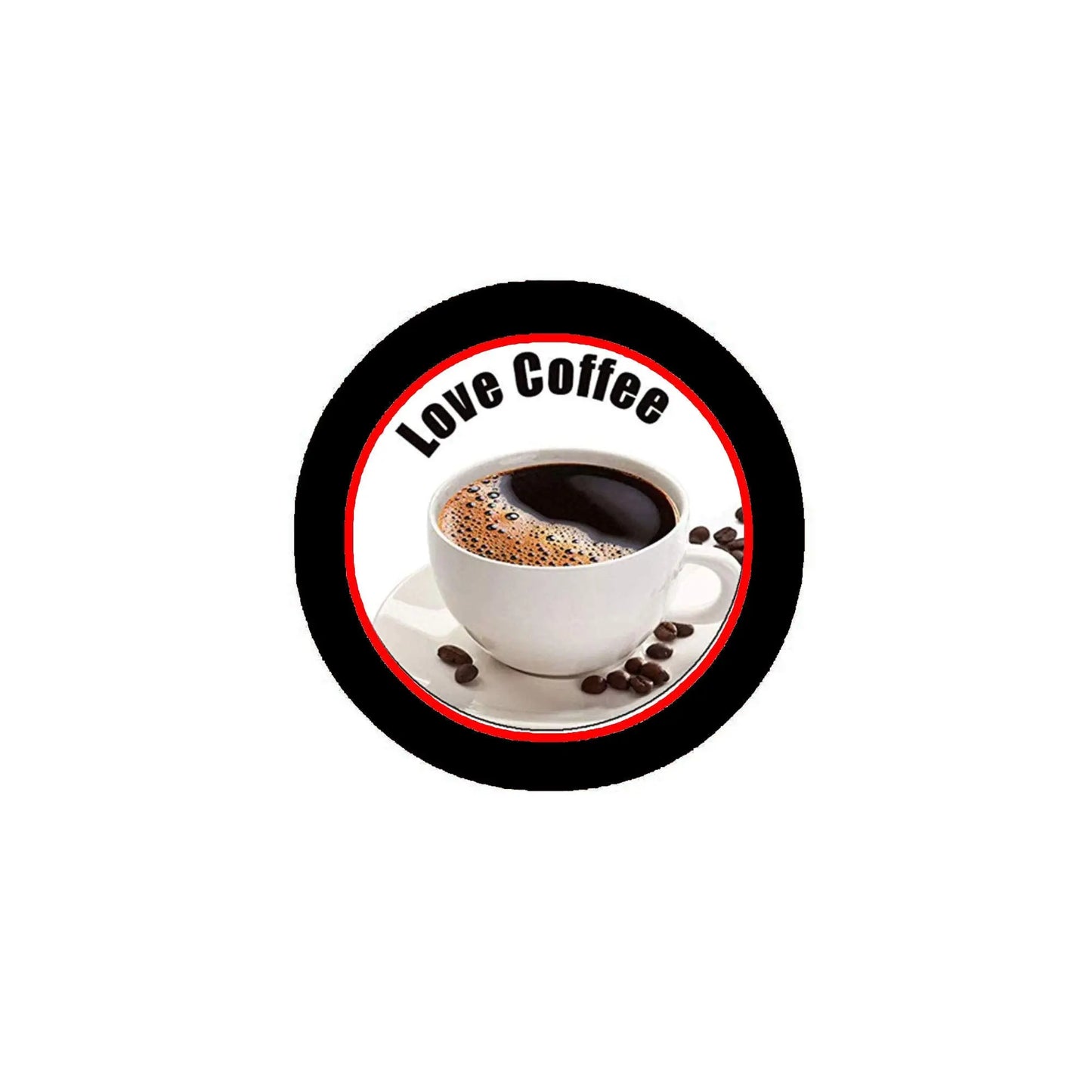 Circular coffee pin-back badge, black and red border, "Love Coffee" text, coffee cup