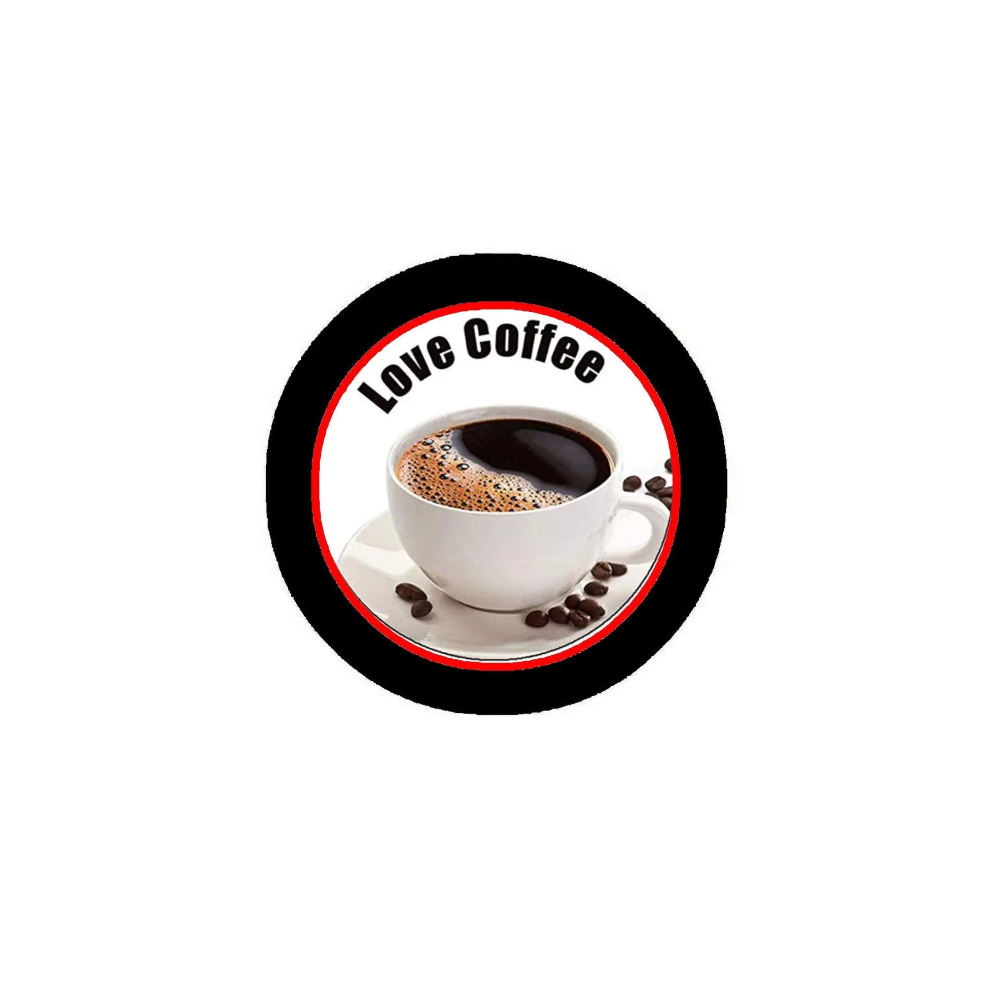 Circular coffee pin-back badge, black and red border, "Love Coffee" text, coffee cup
