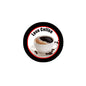 Circular coffee pin-back badge, black and red border, "Love Coffee" text, coffee cup