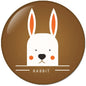 Brown rabbit face pinback button, 2.25 inch, with white bunny and orange blush accents