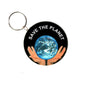 Save the Planet 2.25-inch keychain with globe and hands graphic, round black design