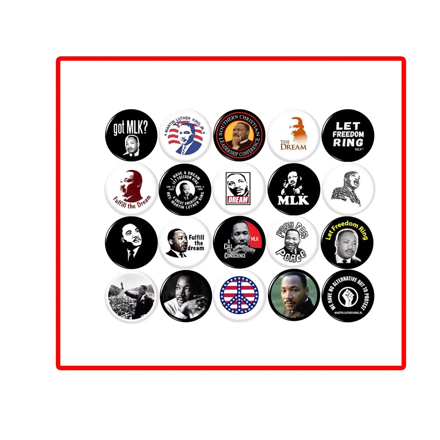 Assorted MLK tribute pinback buttons, round designs with Martin Luther King Jr themes (100 pcs)