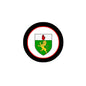 3-inch circular arms magnet with black frame, red rim, and green lion crest