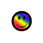 2.25-inch pinback button with rainbow happy face and black border