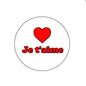 Je t'aime pinback badge with red heart and matching French text, round 2.25-inch