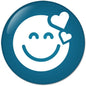 Teal pinback button with white smiling face and heart eyes icon