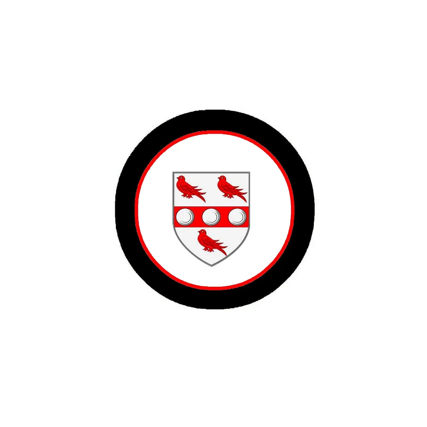 Round 3-inch coat of arms magnet with red birds and shield in black ring