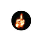 Round black pinback badge with glowing burning middle finger graphic