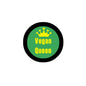Vegan Queen circular badge pin with green center, black border, yellow crown and text