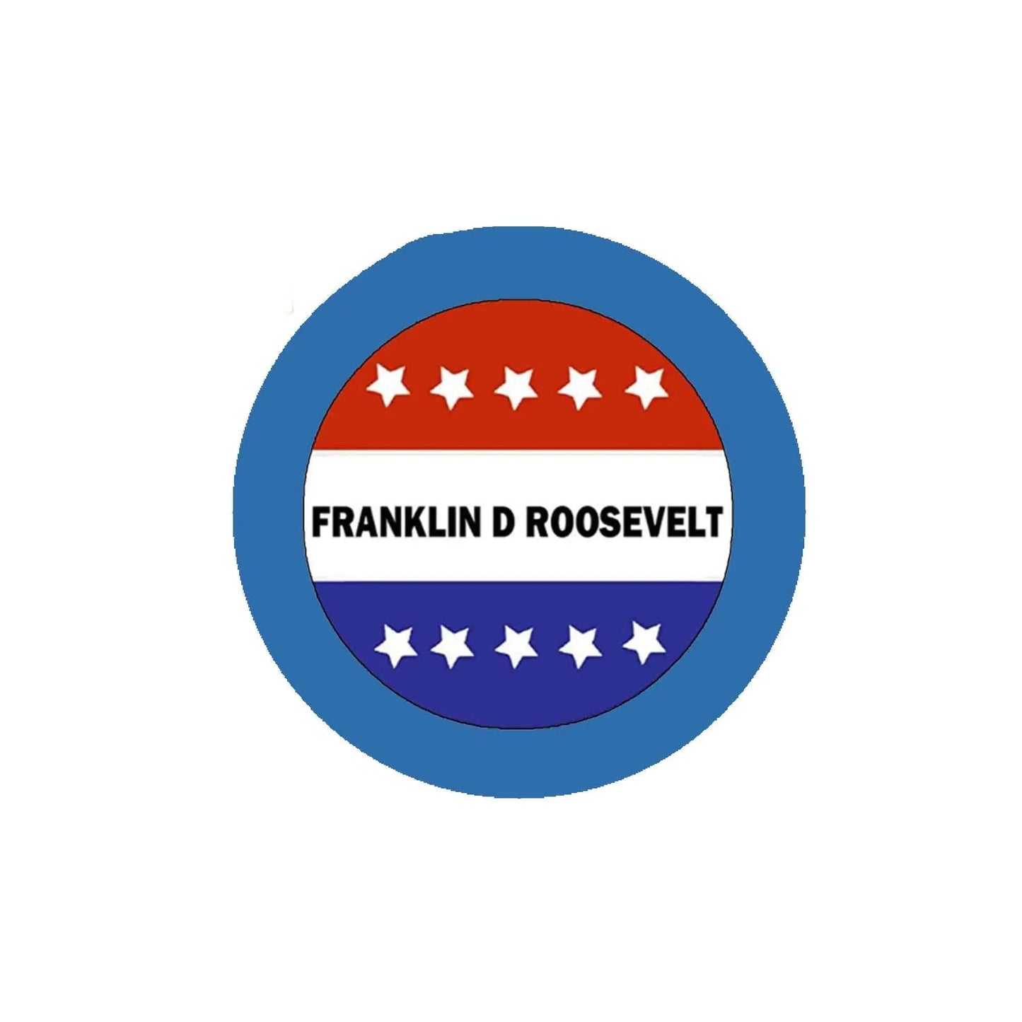 Round voting-style pinback button with stars, stripes, and “FRANKLIN D ROOSEVELT”