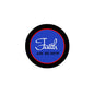 Round pinback button with black rim and blue center, white “Faith” and “ASK ME HOW”