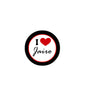 2.25-inch pinback button with black rim, red heart, and 'I love Jairo' text