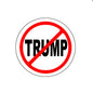 Round pinback button with red prohibition circle, slash, and black TRUMP text