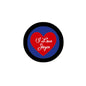 Round pinback button, black rim, blue center, red heart with "I Love Joyce" text