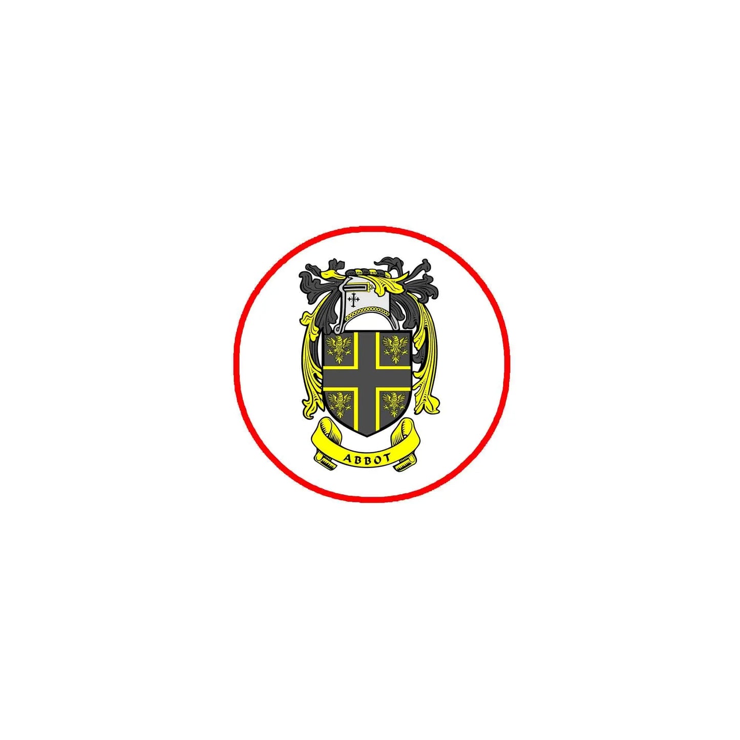 Round family crest pin with red border and Abbot coat of arms in black and yellow