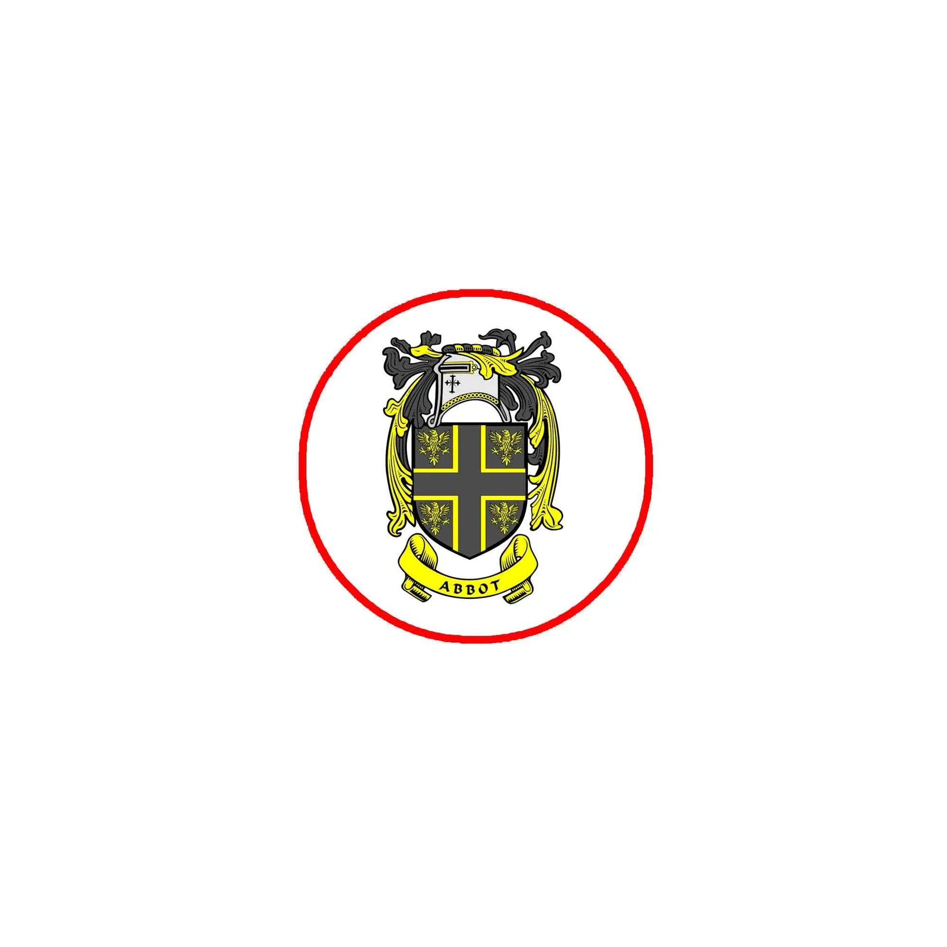 Round family crest pin with red border and Abbot coat of arms in black and yellow