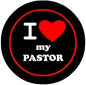 Black pinback button with red border, red heart, and 'I ♥ my pastor' text