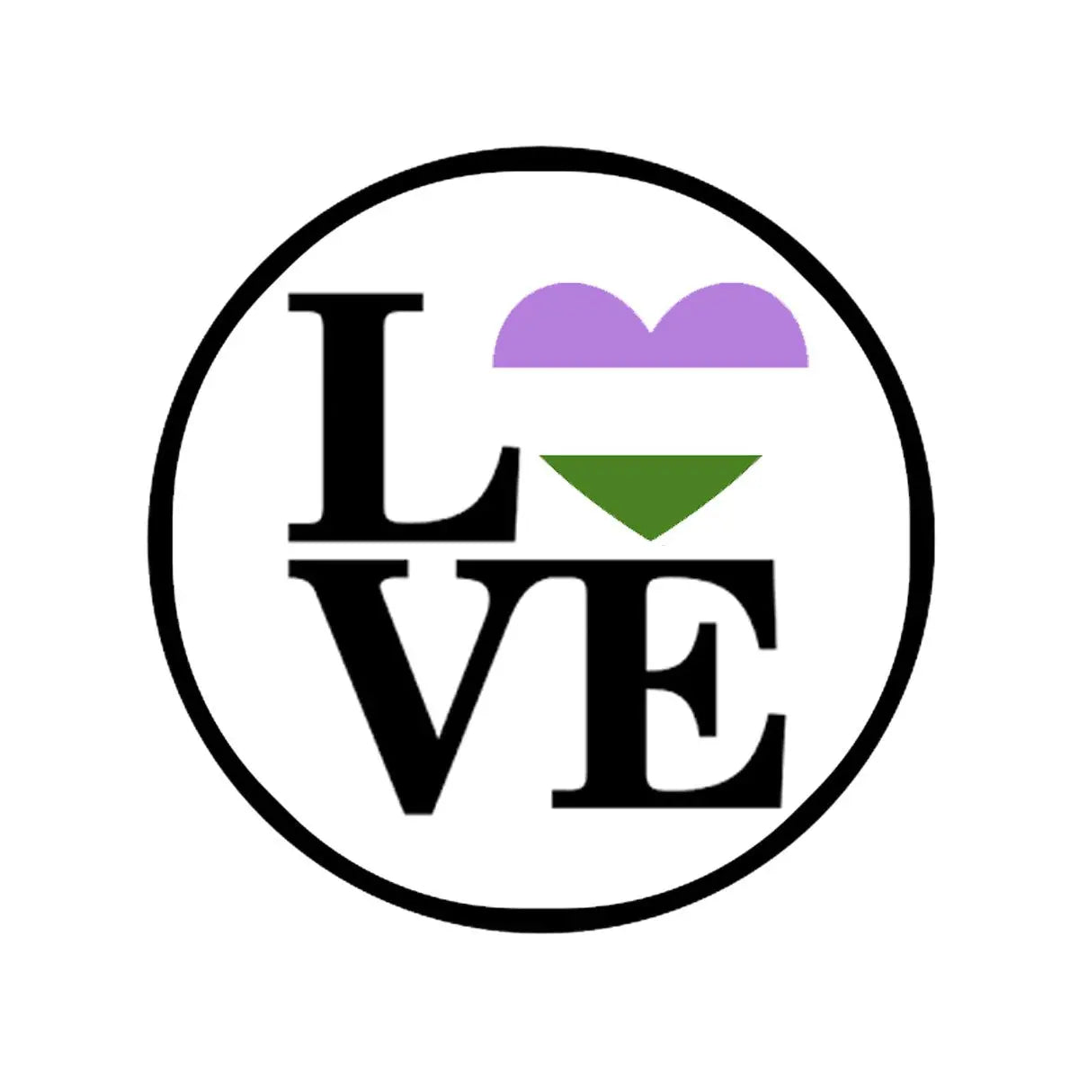 Round pinback button with bold LOVE lettering and purple/green heart shapes