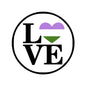 Round pinback button with bold LOVE lettering and purple/green heart shapes