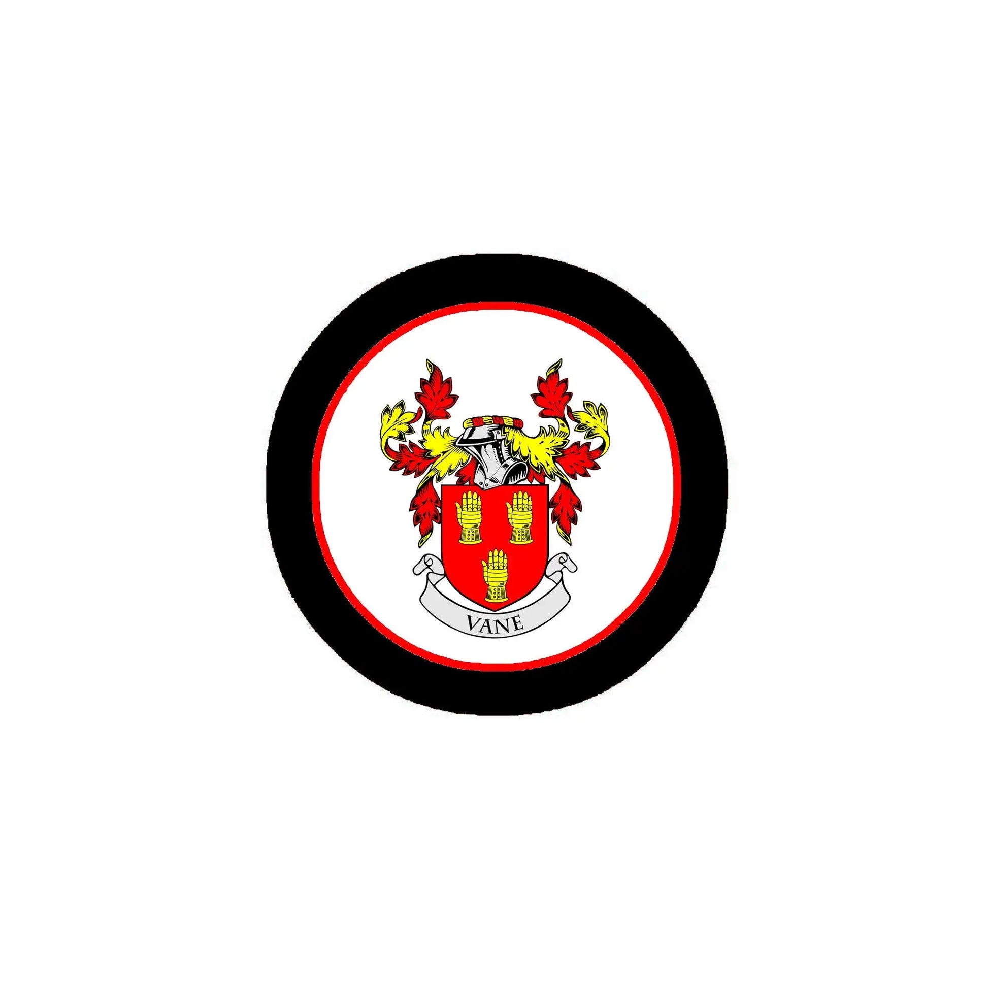 Circular family crest coat of arms pinback with black rim and red-and-white shield
