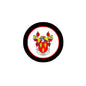 Circular family crest coat of arms pinback with black rim and red-and-white shield