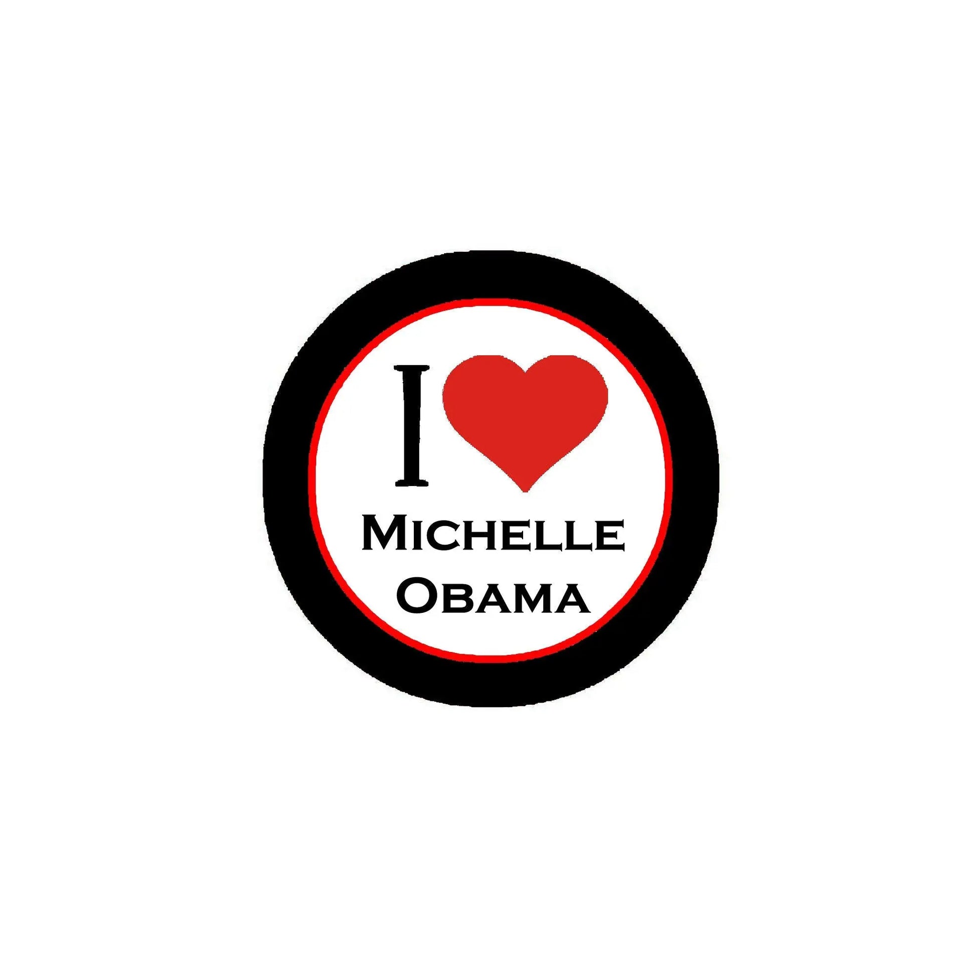 Round pinback button with black border, red heart and 'I ♥ Michelle Obama' text