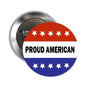 2.25-inch pinback button with stars and stripes and 'PROUD AMERICAN' text