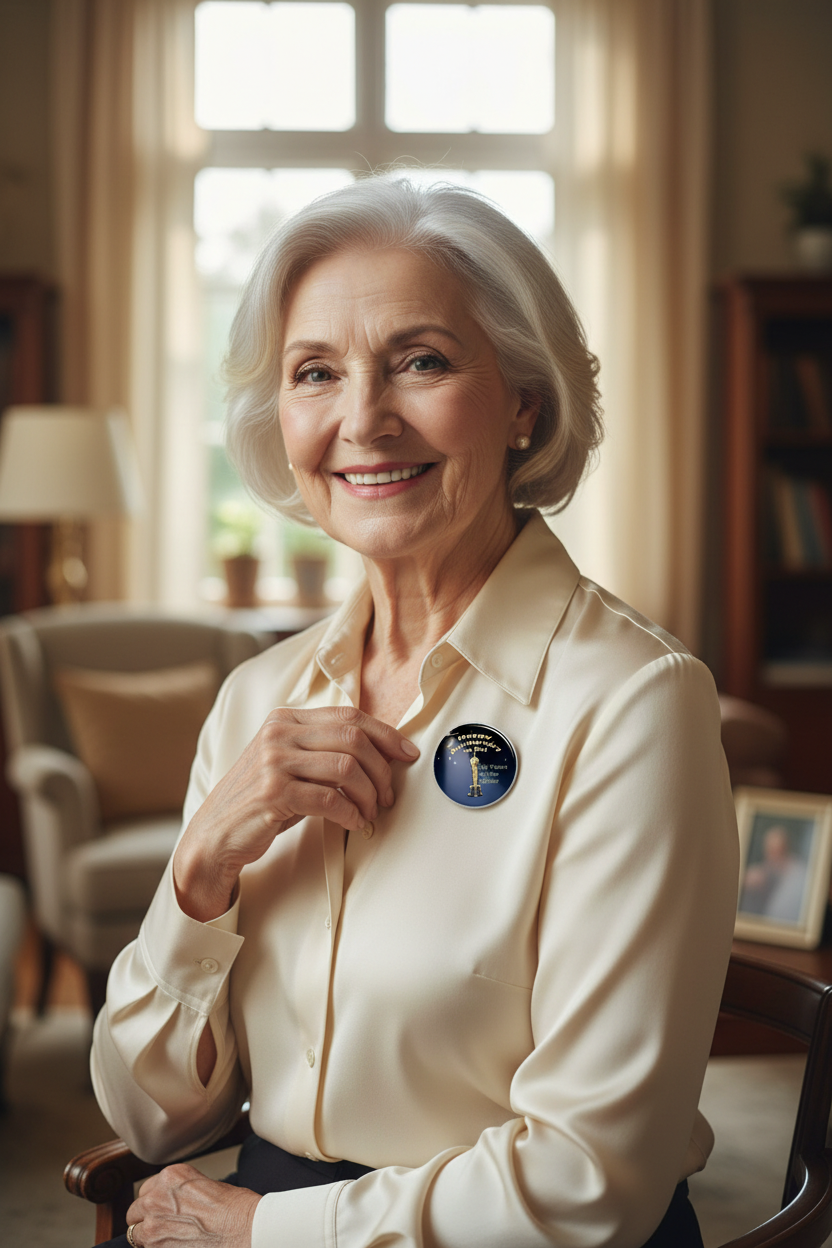 An elderly woman with short white hair is seated indoors, wearing a cream satin button-up blouse and a small round blue-and-white pin on the chest. The background shows a softly blurred living room with warm lighting, a chair, and a window.