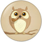 1.25-inch owl pinback button with cartoon face and tan background