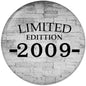 Round pinback button, gray brick background with 'LIMITED EDITION 2009-' text