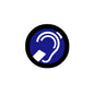 2.25-inch circular deafness symbol pinback badge, blue and white with black border