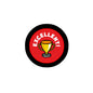 Colorful 2.25-inch pinback button with red trophy logo and black rim