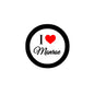 Round pinback button brooch with black border; “I ♥ Monroe” text on white