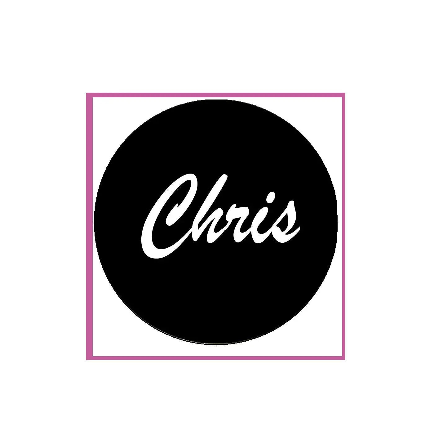 Chris pinback badge, 2.25-inch round black with white script logo