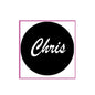 Chris pinback badge, 2.25-inch round black with white script logo