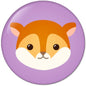 Purple cartoon raccoon face pinback button with glossy finish and round shape
