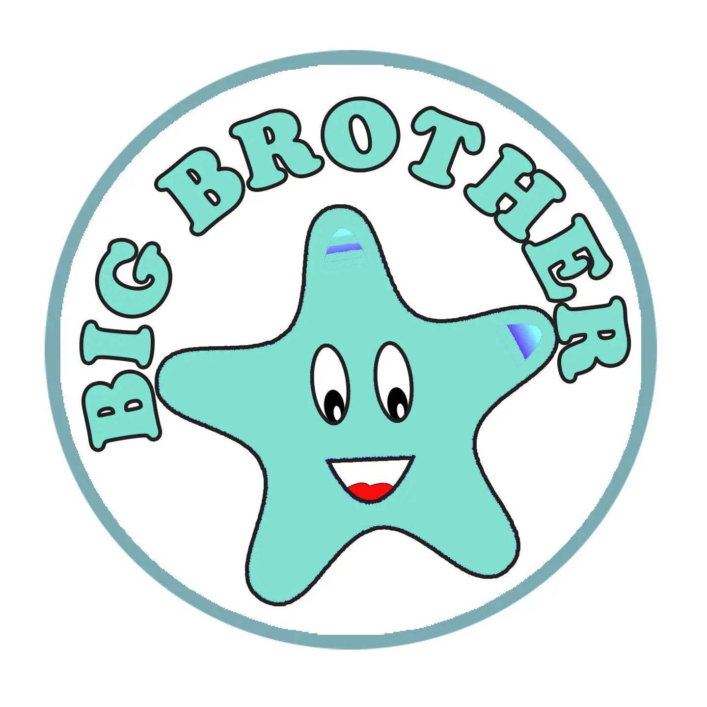 2.25-inch pinback button with turquoise cartoon star graphic and "BIG BROTHER" text