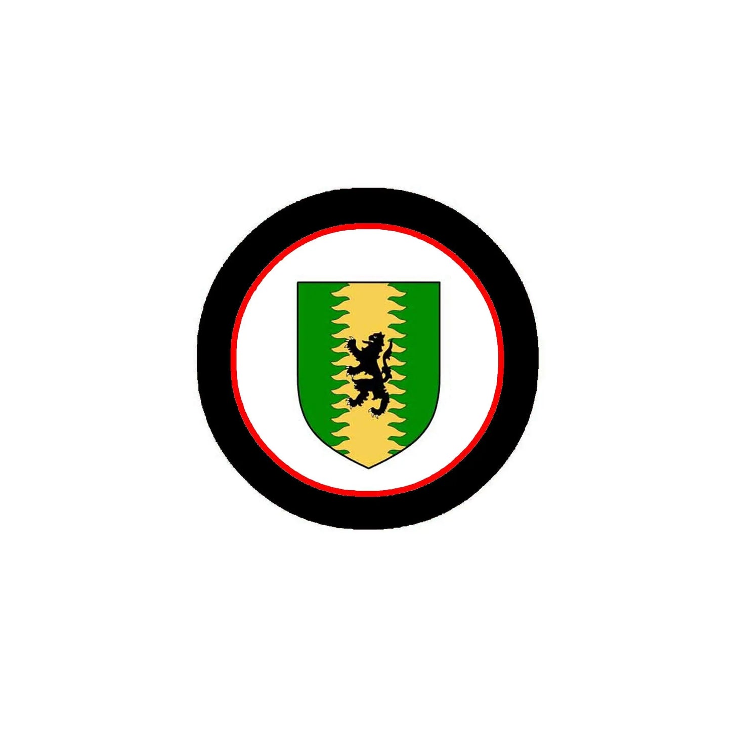 Round pinback badge with black border, red ring, and green-and-yellow shield crest